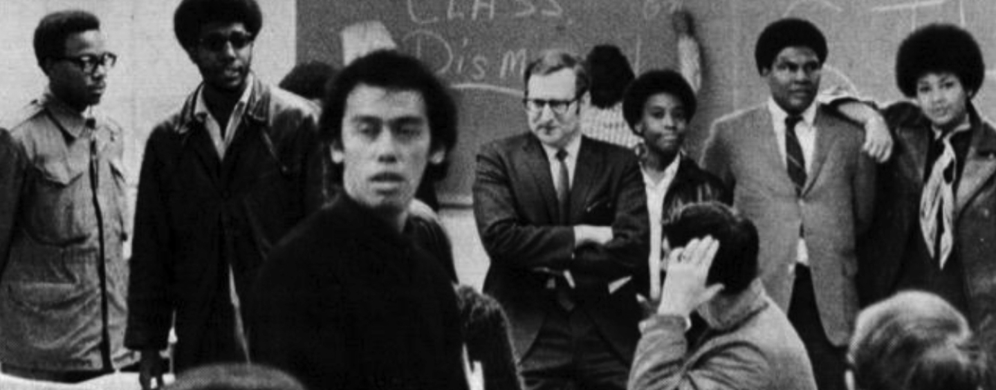 First Day of Strike. Top right: Nathan Hare in the middle and little Sharon Jones (now AFRS Lecturer) to the left of him.